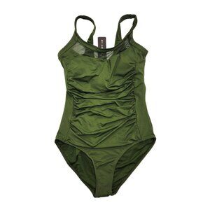 Green One-Piece Ruched Swimsuit  Mesh Inserts By Tempt Me Size S Womens